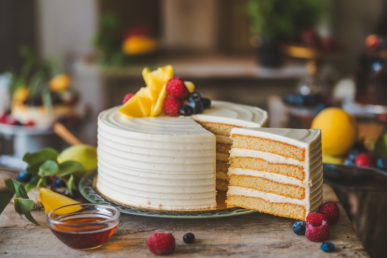 A moist cake with frosting and fresh fruits on a wooden table, with a slice removed showing its fluffy texture.