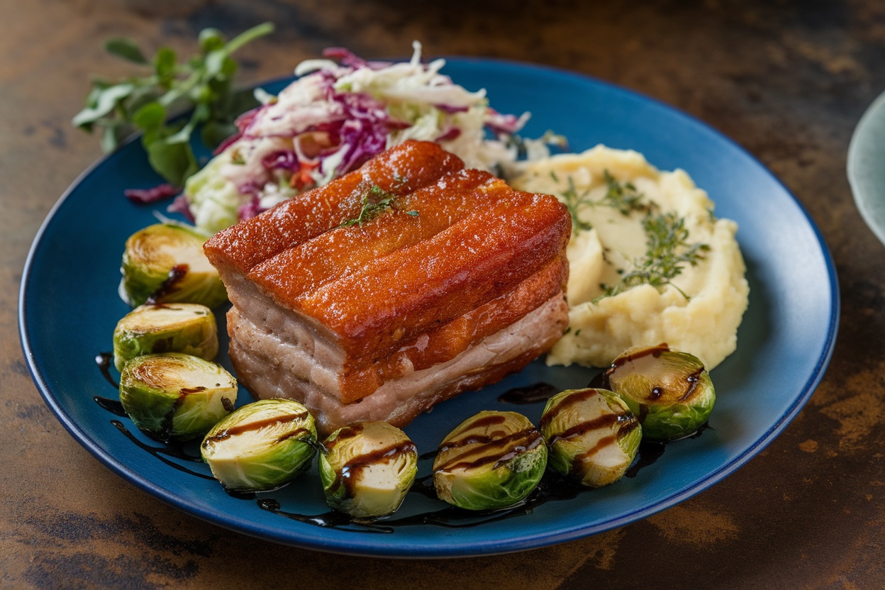 A plate of crispy pork belly with sides of coleslaw, roasted Brussels sprouts, and mashed potatoes on a rustic table.