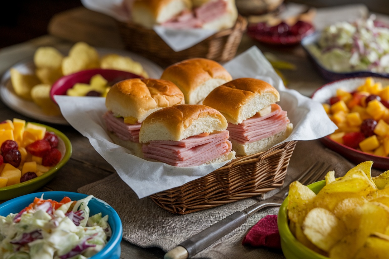 Ham and cheese sliders with coleslaw, potato chips, and fruit salad on a rustic table.