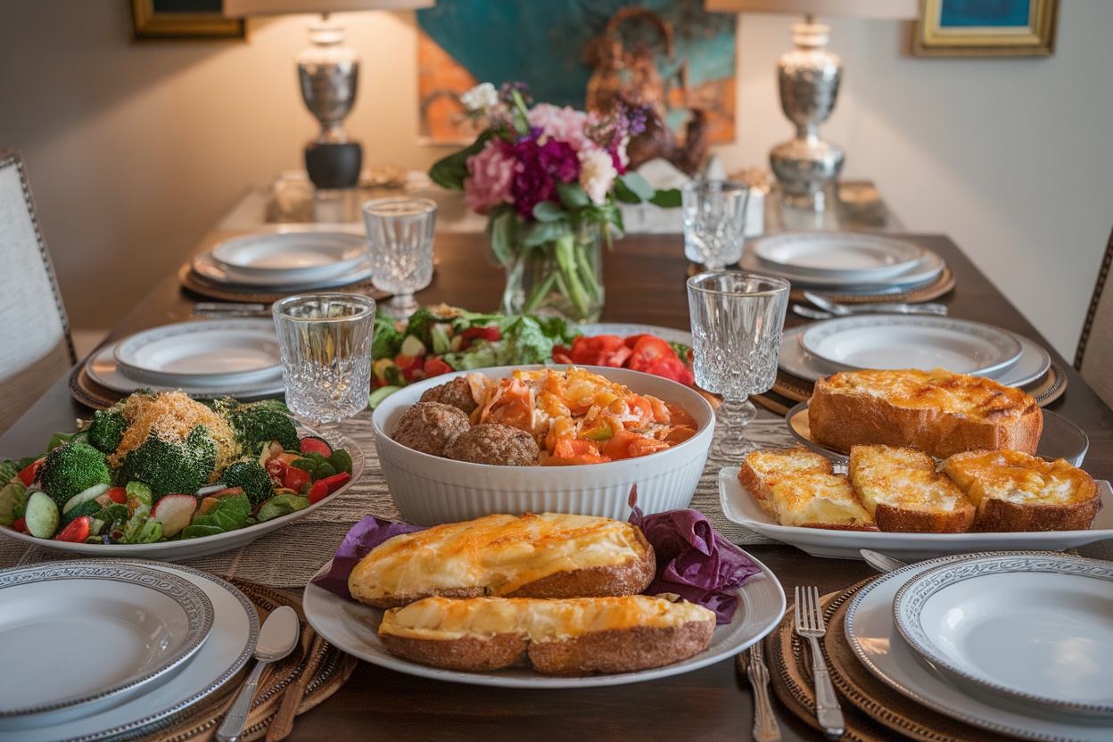 A dining table with Hamburger Helper and various side dishes including salad, roasted broccoli, garlic bread, and baked potatoes.