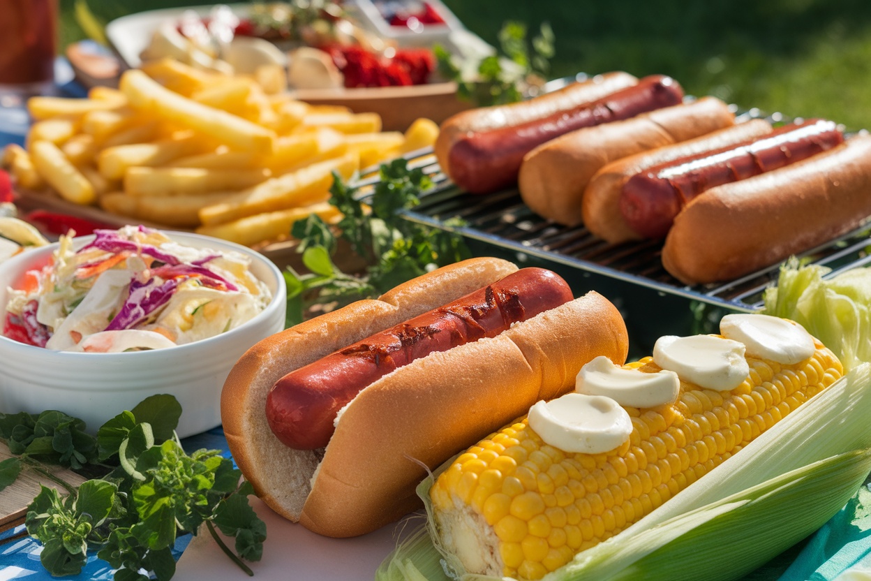 A picnic table with hot dogs, French fries, coleslaw, and corn on the cob, set in a sunny outdoor environment.