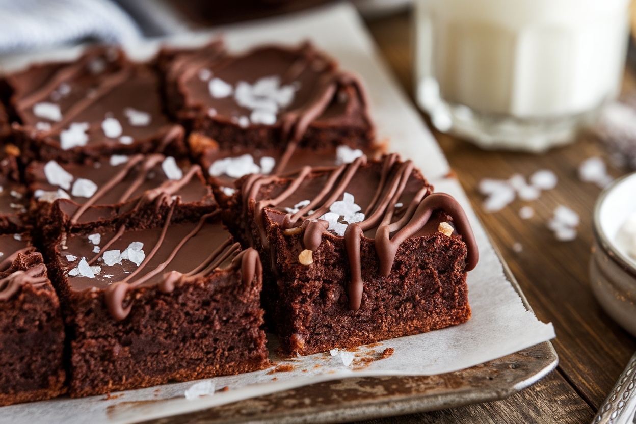 Fudgy brownies topped with chocolate drizzle and sea salt, served on a wooden table.