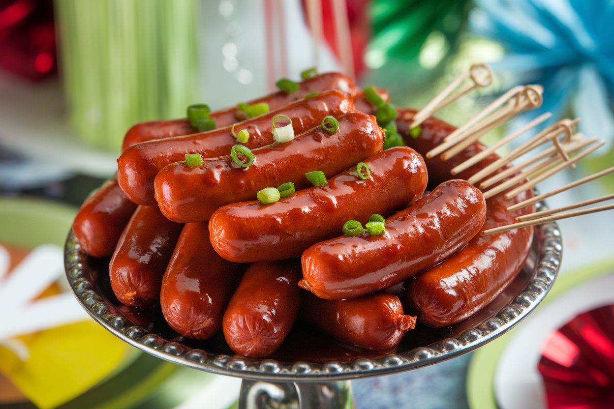 A colorful platter of BBQ little smokies sausages garnished with green onions, ready to be served at a party.