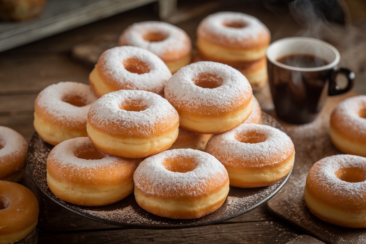 Fluffy donuts dusted with powdered sugar on a wooden platter, with a cup of coffee in the background.