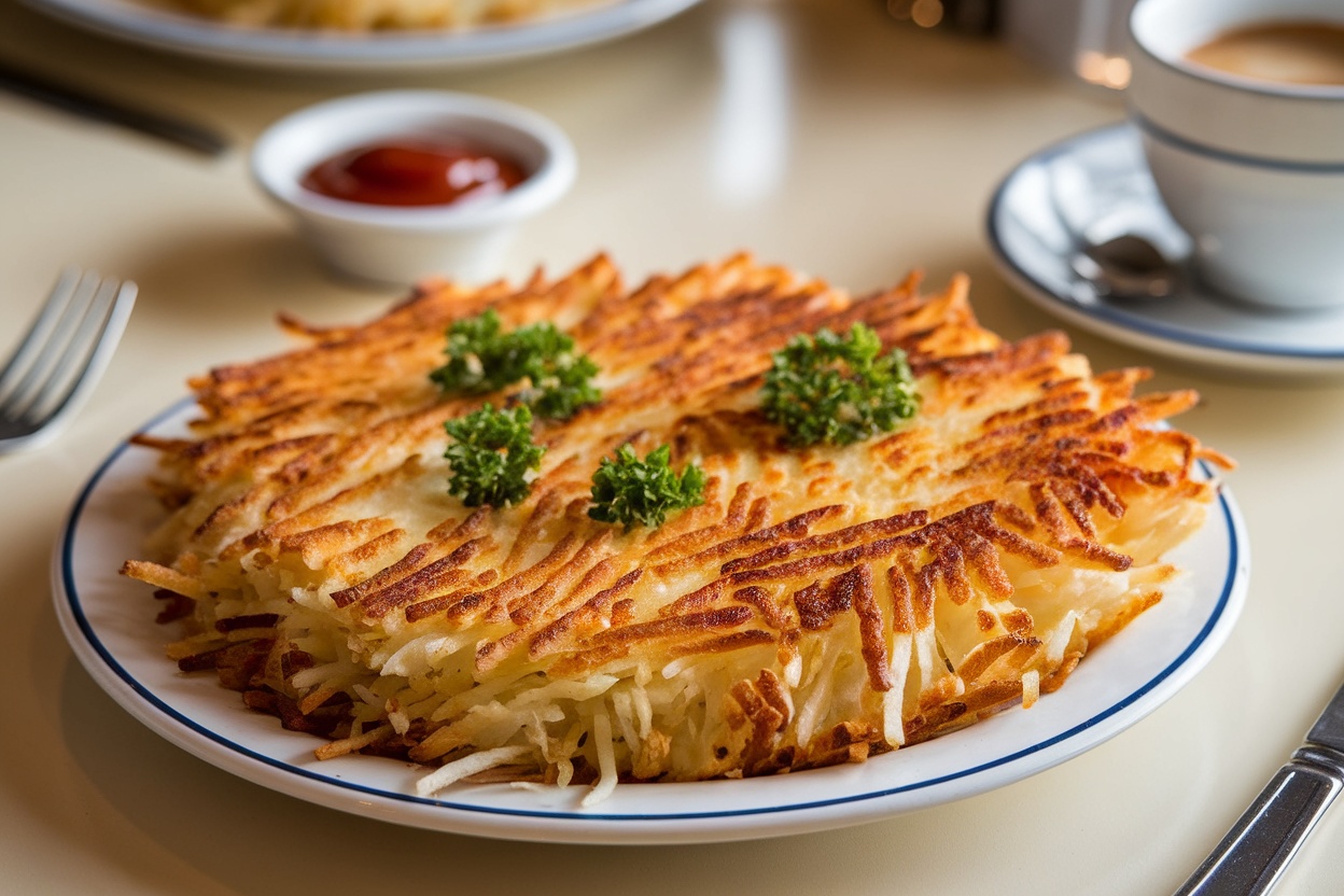 Crispy hash browns on a plate with parsley garnish and ketchup on a diner table.