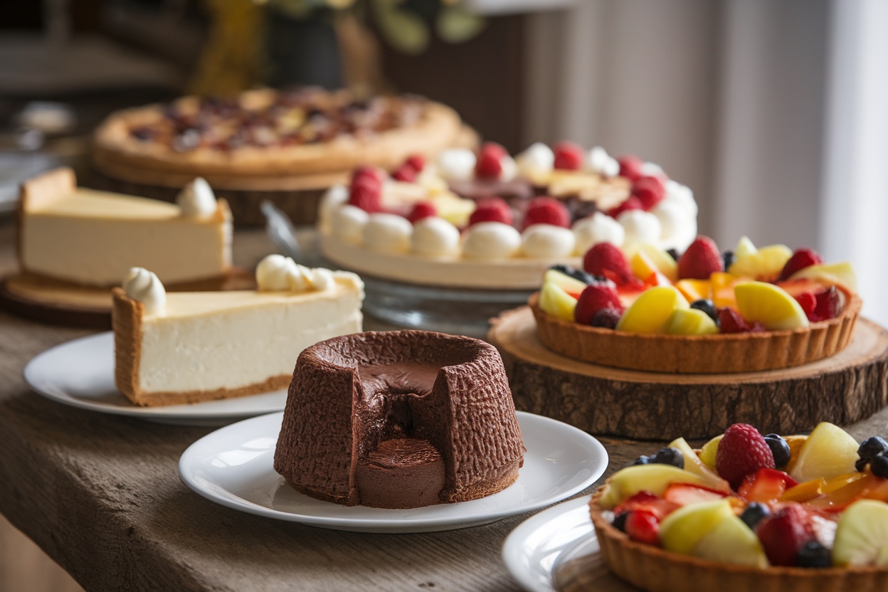 A beautiful arrangement of various desserts including chocolate lava cake, cheesecake, and fruit tart beside a pizza, creating a delightful meal setting.