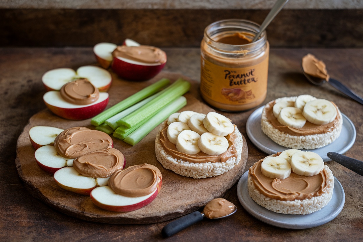 A platter of snacks with peanut butter, including apple slices, celery sticks, and rice cakes with bananas.