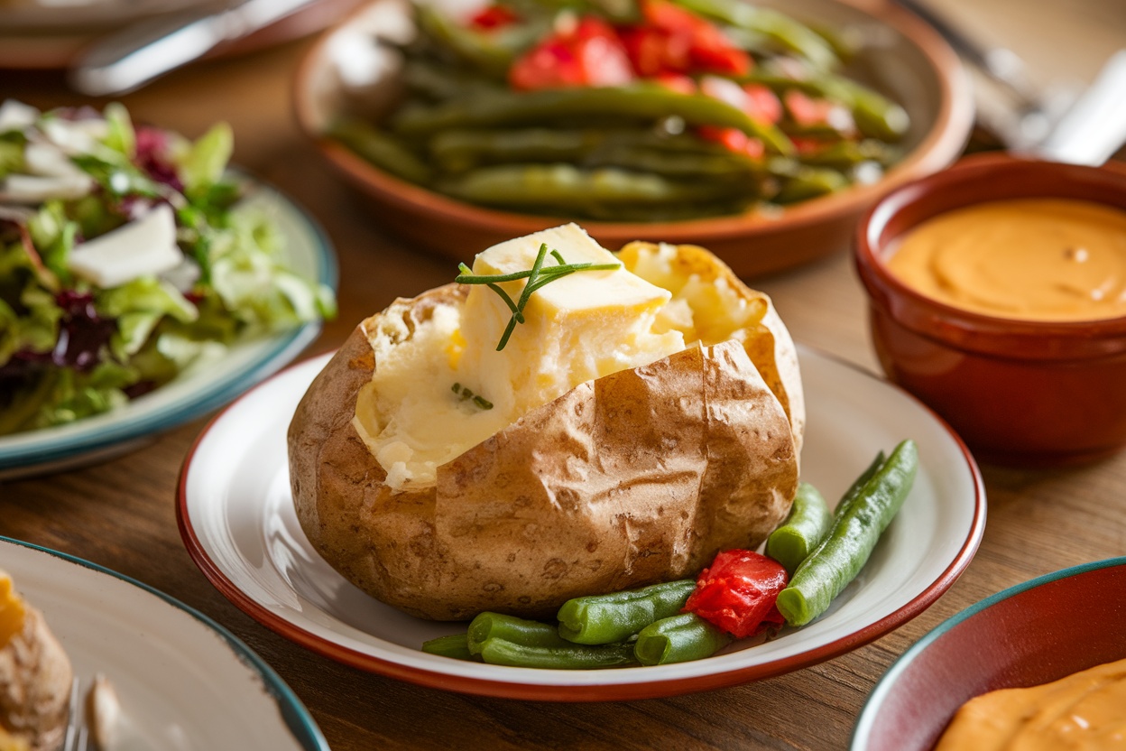 A table set with baked potatoes, garden salad, sautéed green beans, and cheese sauce, creating a wholesome meal.