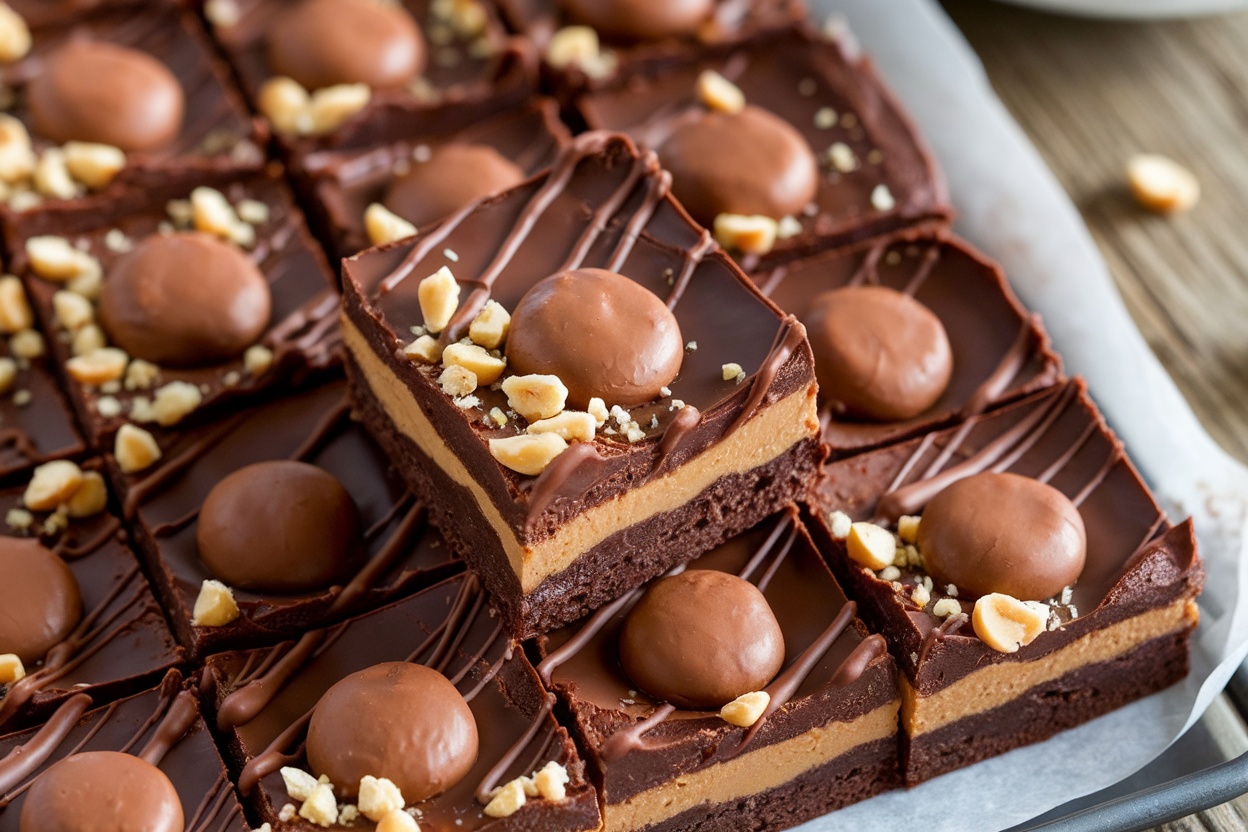 Fudgy buckeye brownies with chocolate and peanut butter layers on a rustic wooden table.