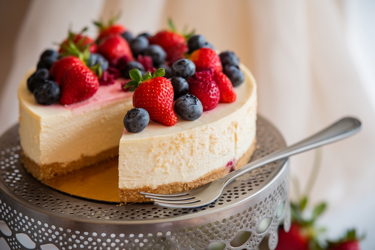 A slice of rich cheesecake topped with fresh strawberries and blueberries on a cake stand.