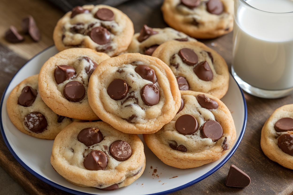 A delicious plate of soft and chewy chocolate chip cookies with melted chocolate chunks and a glass of milk.