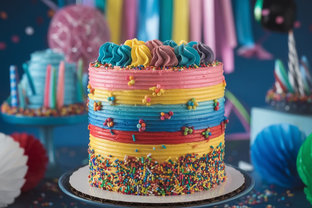 A tall, colorful layered atomic cake with frosting layers, decorated with sprinkles on a festive table.