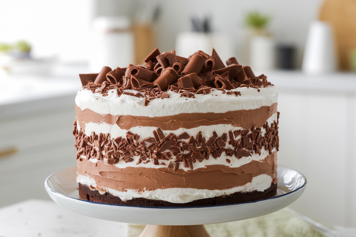 A no-bake chocolate icebox cake with layers of chocolate wafers and whipped cream, garnished with chocolate shavings.