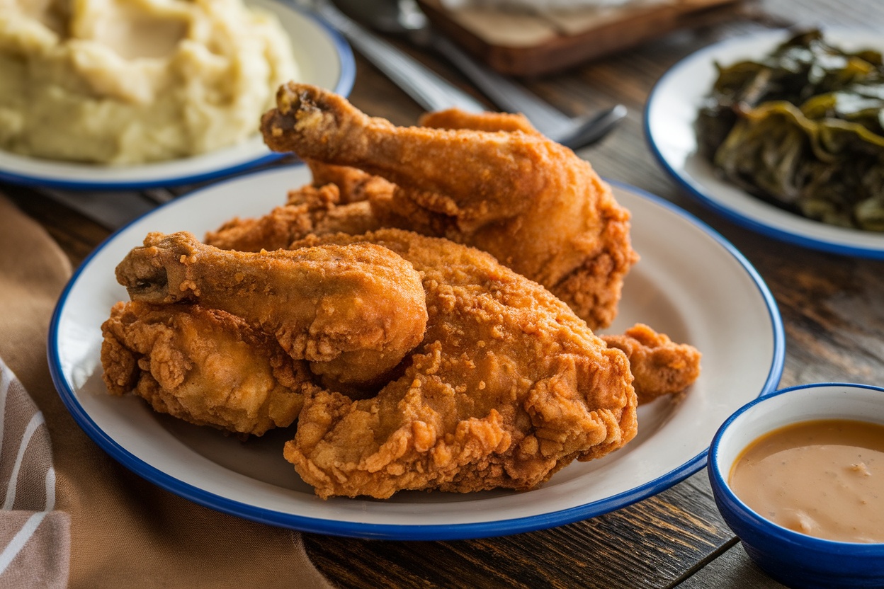 Crispy fried chicken on a plate with mashed potatoes and collard greens on a rustic table.