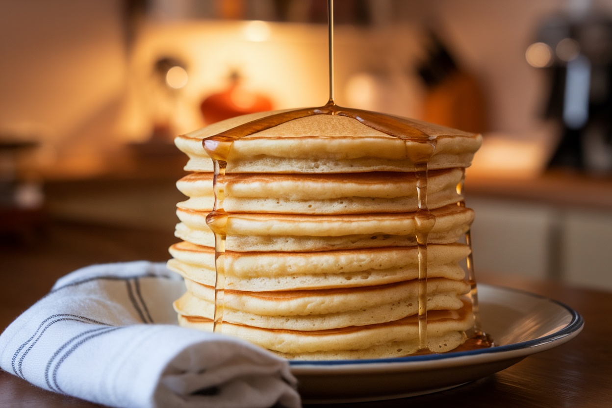 A stack of warm pancakes covered with a towel, ready to be served for breakfast.