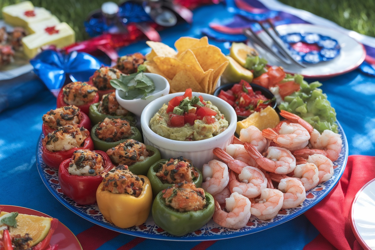 A beautiful array of Memorial Day appetizers featuring stuffed bell peppers, guacamole, salsa, tortilla chips, and shrimp on a picnic table.