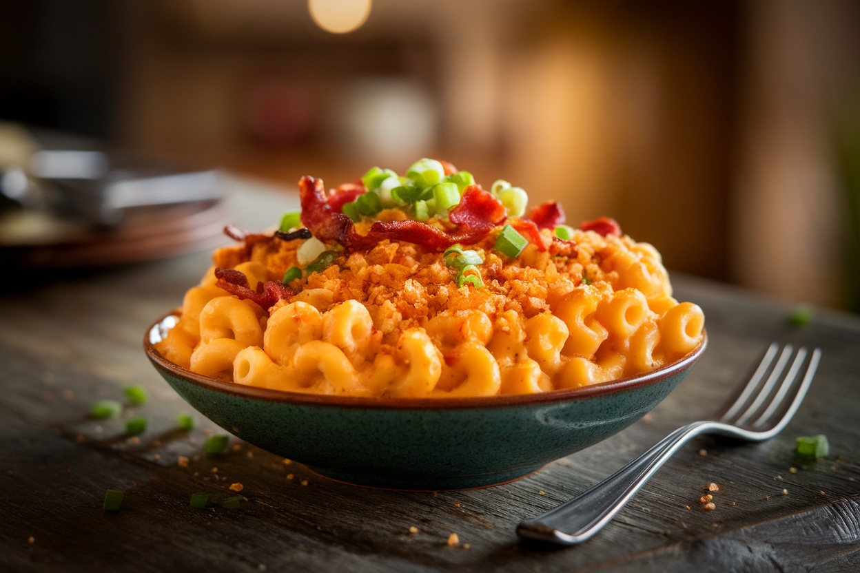 A bowl of creamy mac and cheese topped with bacon, breadcrumbs, and green onions on a rustic table.