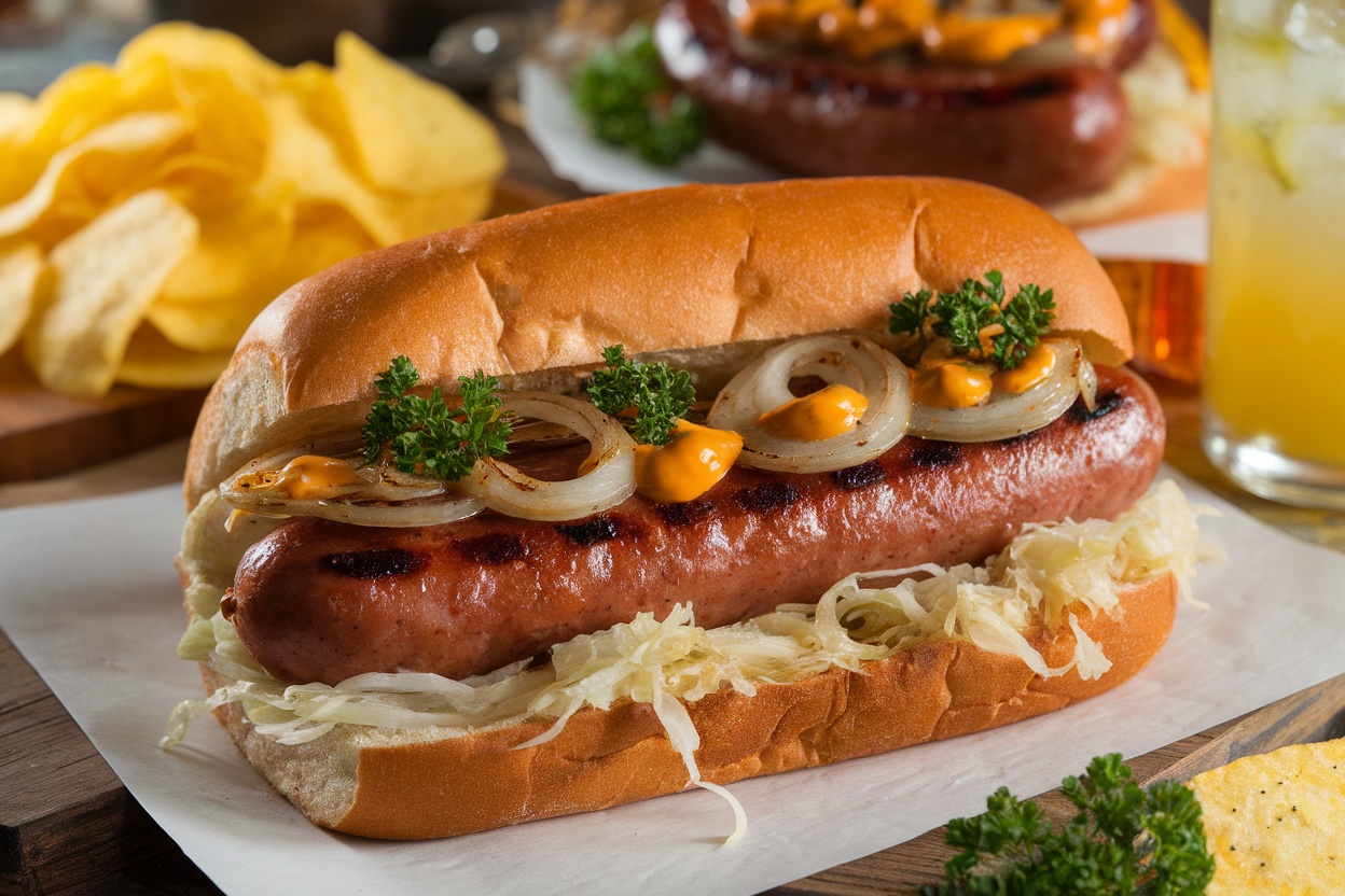 A grilled bratwurst on a bun, topped with onions and sauerkraut, served with chips.