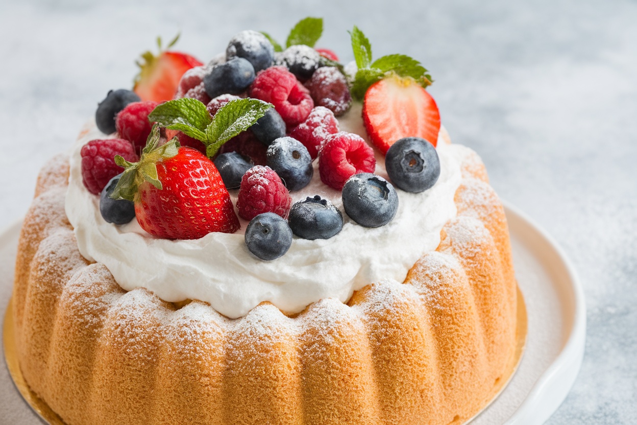 Angel food cake topped with whipped cream and mixed berries on a decorative plate.