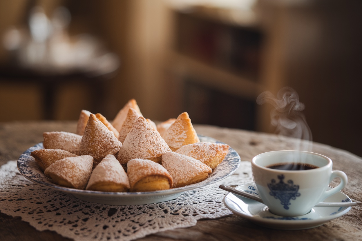 A plate of Kourabiedes cookies dusted with powdered sugar on a rustic table with a cup of coffee.