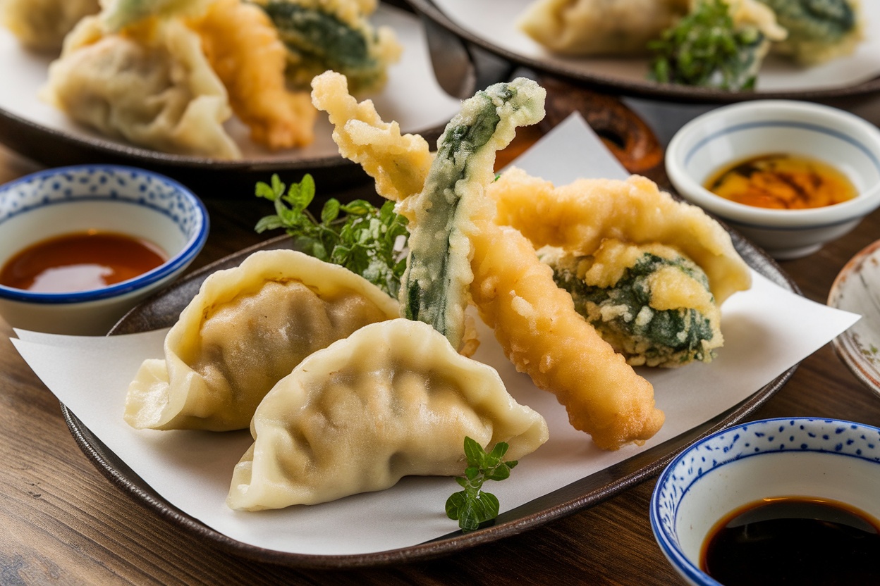 A beautifully arranged platter of tempura vegetables and gyoza, served with dipping sauces on a rustic wooden table.