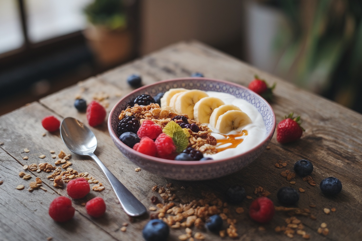 A colorful breakfast bowl with yogurt, banana slices, mixed berries, and granola on a wooden table.