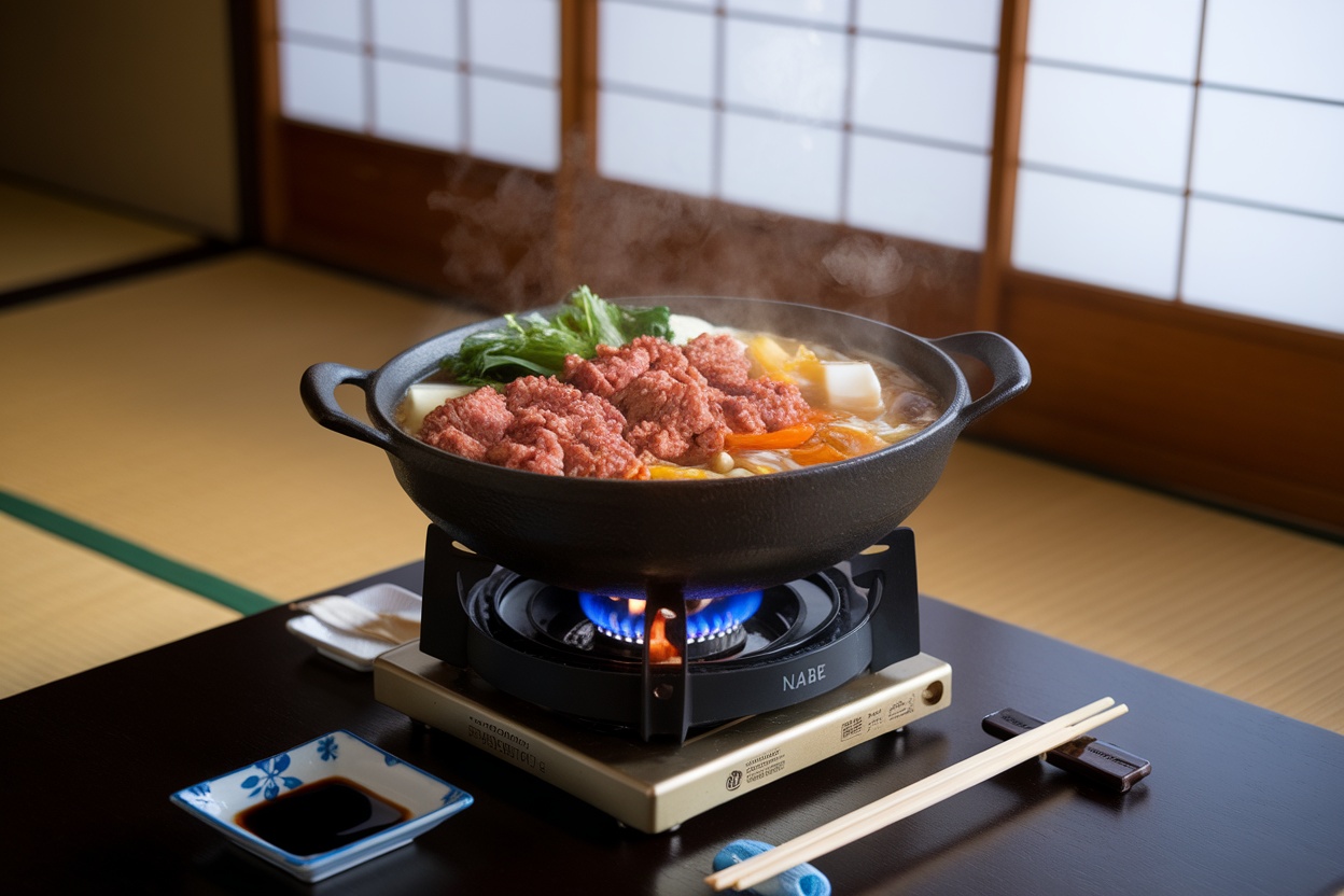 A delicious Beef Nabe Hot Pot cooking on a stove, filled with vibrant vegetables and ground beef.