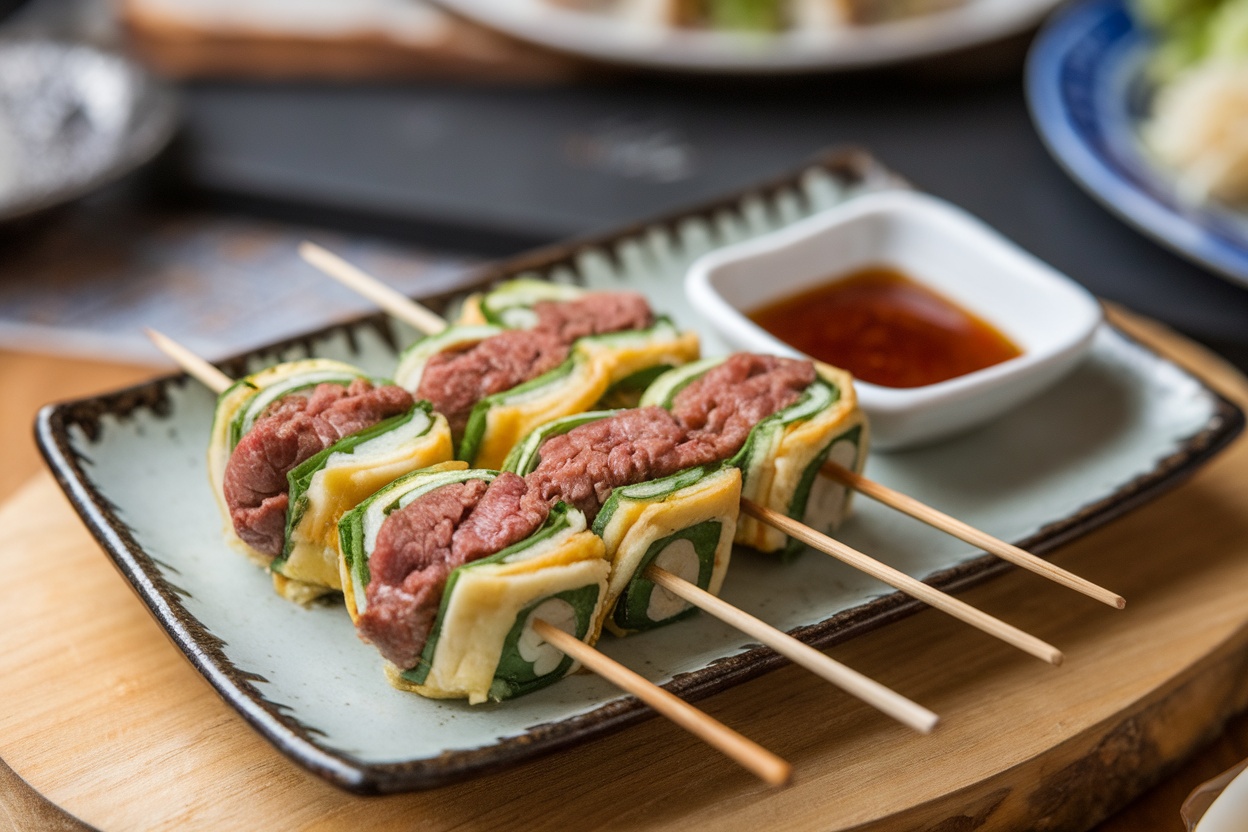 Beef Negimaki Rolls served on a plate with dipping sauce.