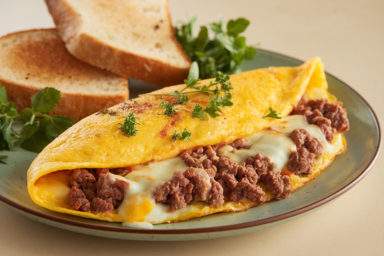 A cheesy ground beef omelette served with toast and fresh herbs.