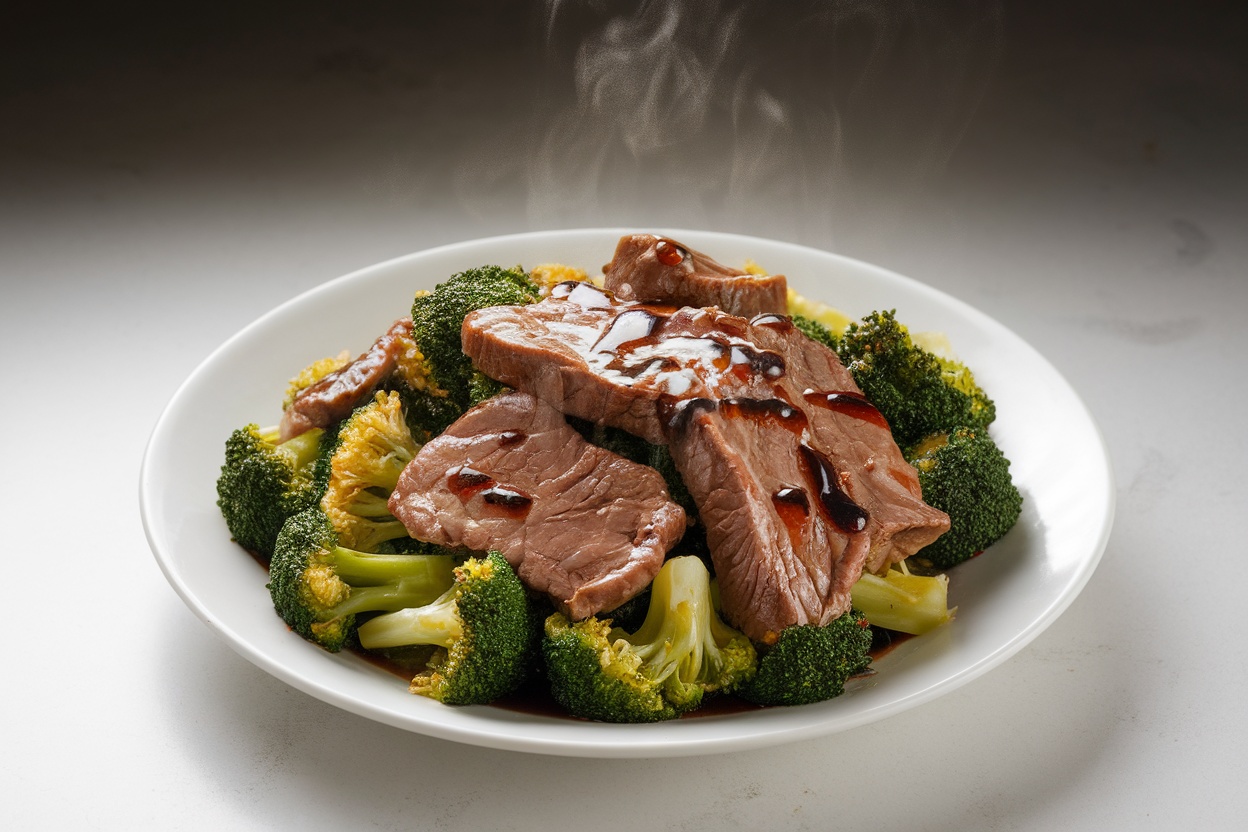 Plate of Chinese beef and broccoli stir-fry