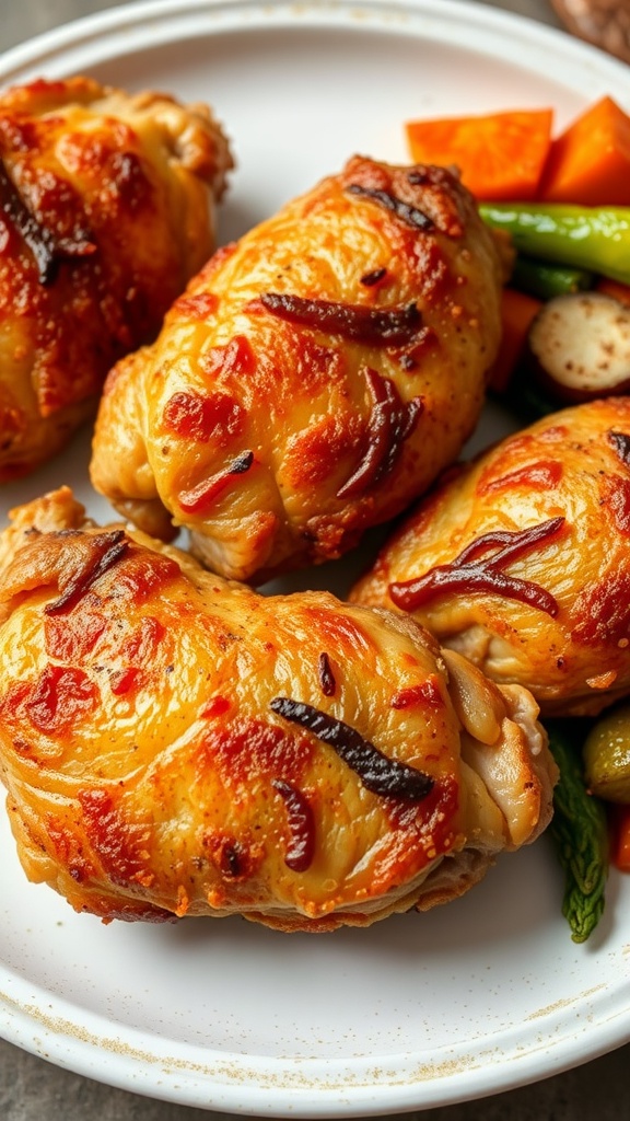 A plate of crispy air fryer chicken thighs served with vegetables.