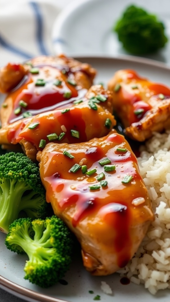 Plate of teriyaki chicken with broccoli and rice