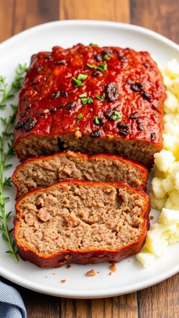 A deliciously glazed keto meatloaf with slices cut, served with mashed cauliflower.