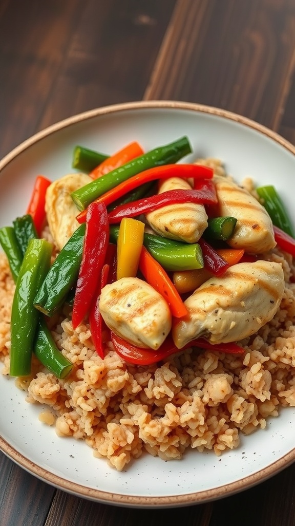 A delicious bowl of colorful chicken stir-fry with various vegetables on a bed of rice.