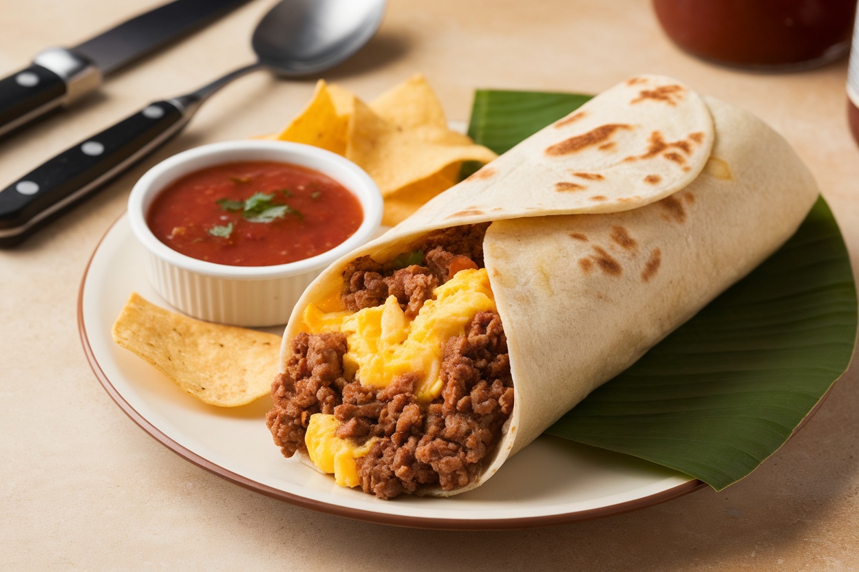 A delicious ground beef and egg breakfast burrito served with salsa and tortilla chips.