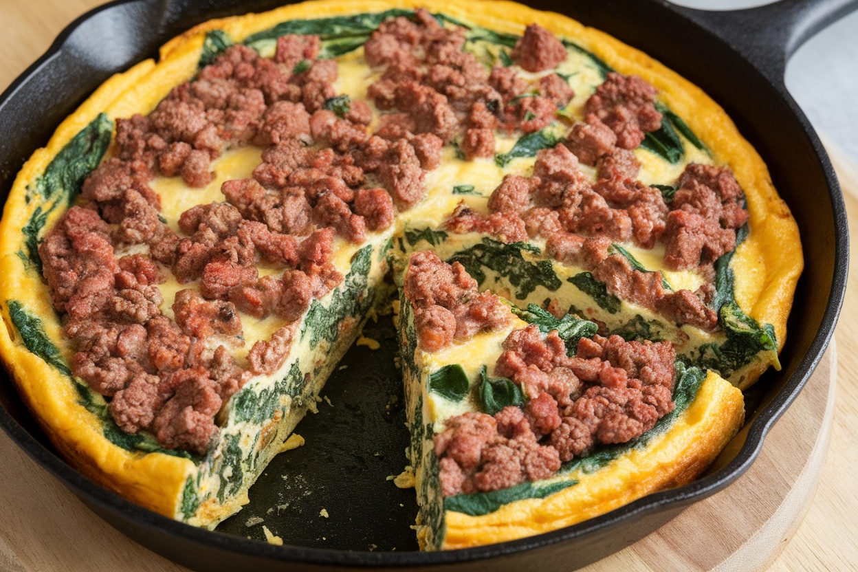 A slice of Ground Beef and Spinach Breakfast Frittata on a plate