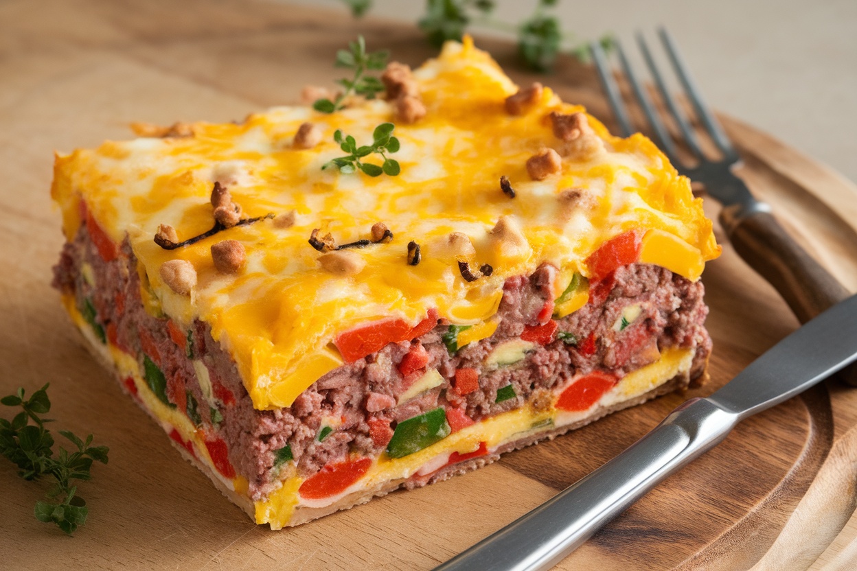 A delicious ground beef breakfast casserole with colorful vegetables and a cheesy topping.