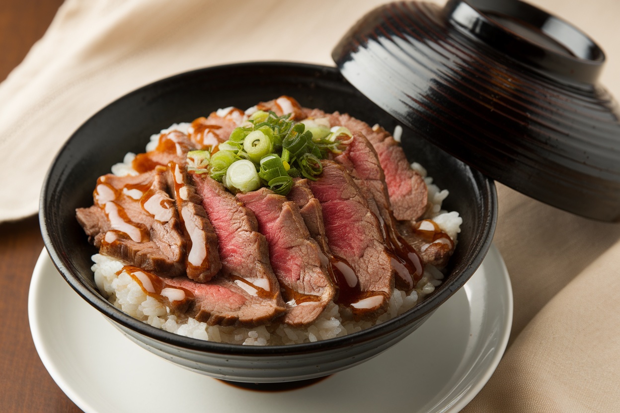 Gyudon beef rice served in a bowl with green onions and sauce on top.