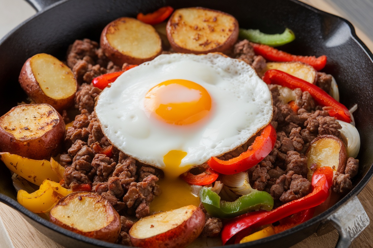 A skillet filled with ground beef, potatoes, colorful peppers, and a fried egg on top.