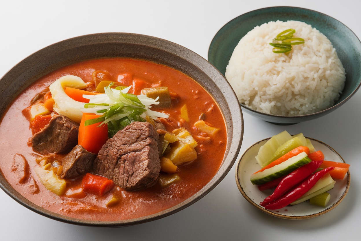 A bowl of Japanese beef curry with vegetables and a side of rice.