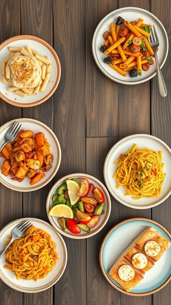 A variety of quick and easy dinner dishes displayed on plates