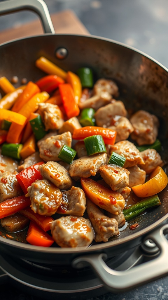 A delicious chicken stir-fry with colorful vegetables in a pan.