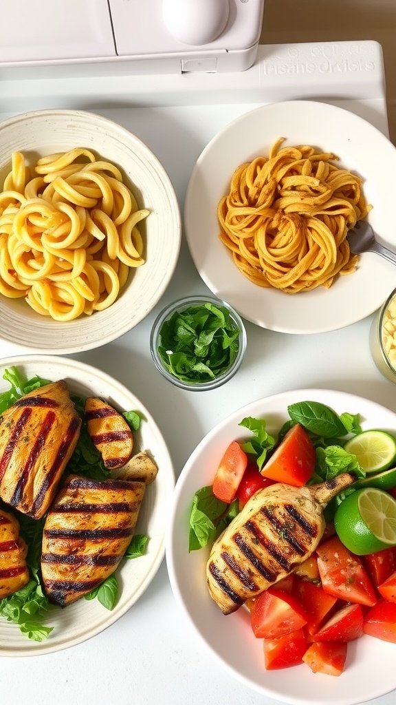 A colorful spread of grilled chicken, fresh salads, and pasta dishes on a table.