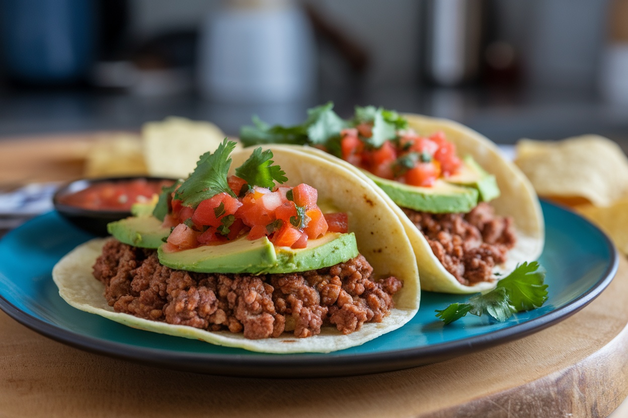 Savory breakfast tacos filled with ground beef, avocado, and fresh salsa.