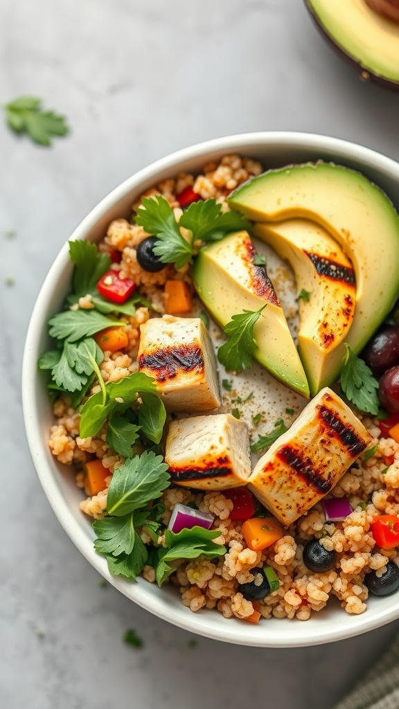 A delicious high-protein chicken and quinoa bowl topped with fresh vegetables and avocado.