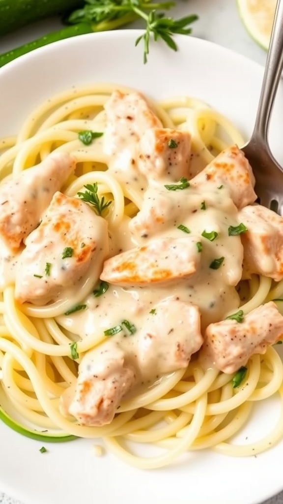 Delicious keto chicken Alfredo with zoodles served in a bowl