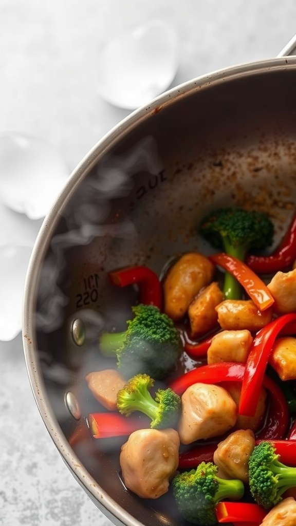 A colorful chicken stir-fry with broccoli and bell peppers in a skillet.