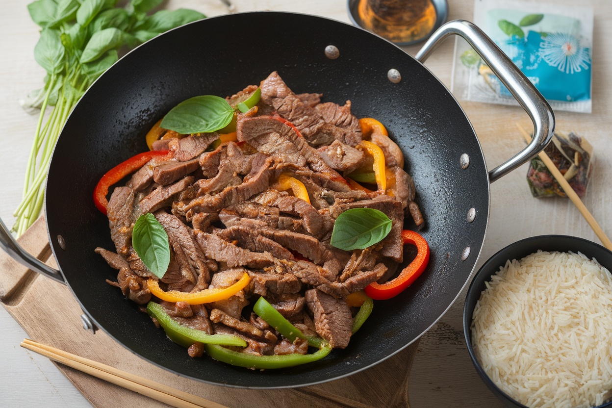 Stir-fried beef with colorful bell peppers and basil