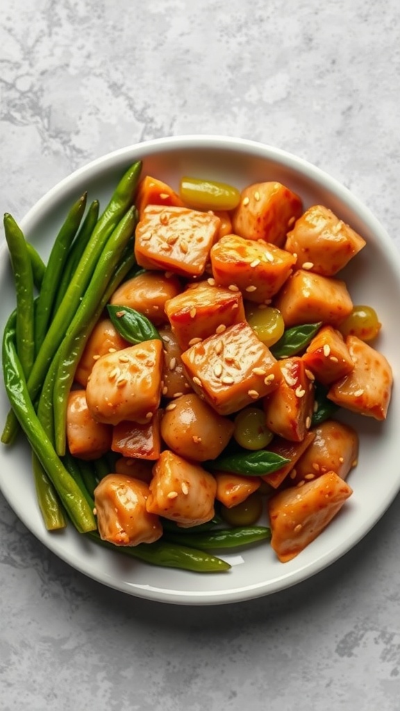 A delicious chicken stir-fry with green beans on a white plate