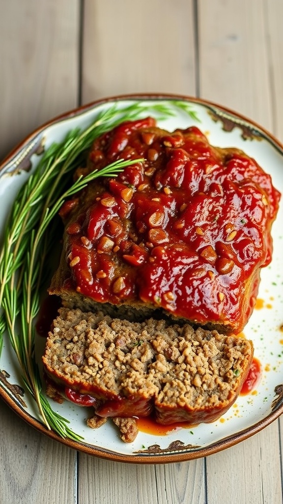 Slice of meatloaf with sauce on a plate, garnished with fresh herbs.